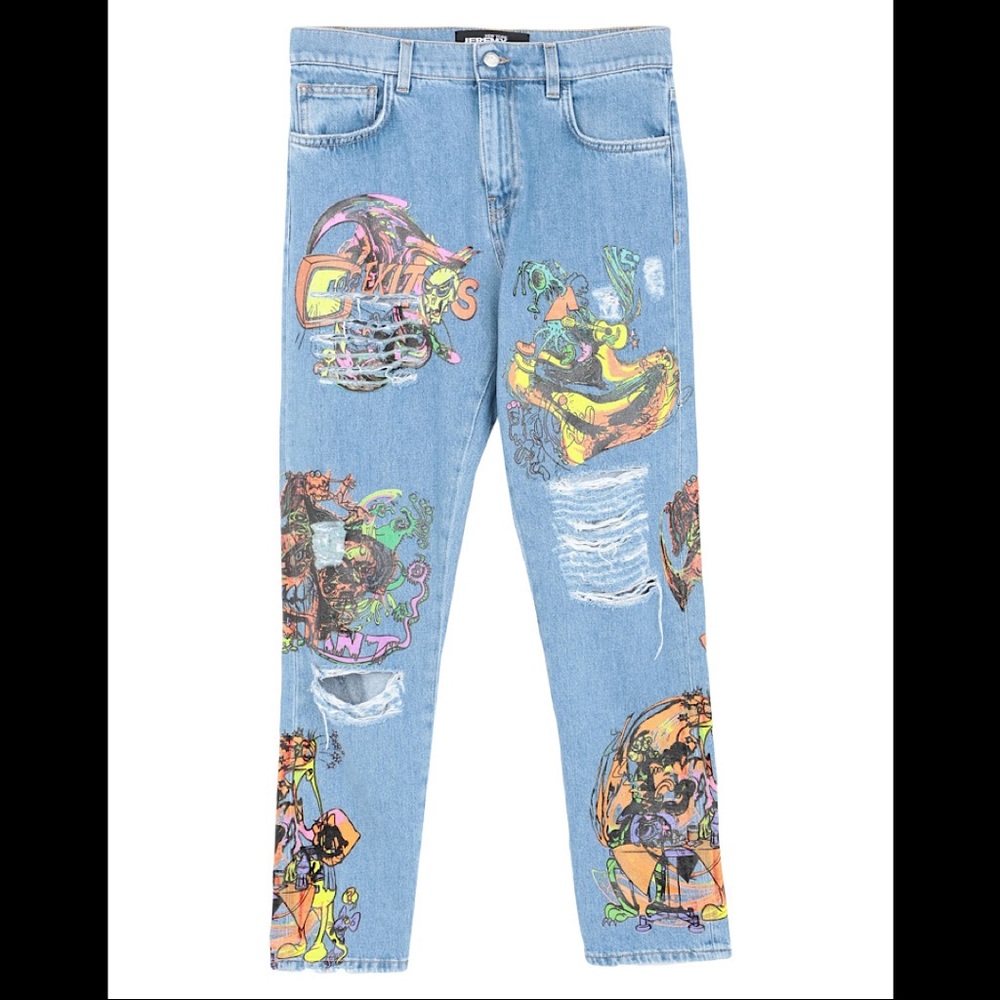 Jeremy Scott Graphic Print Paint Detail Denim Pant